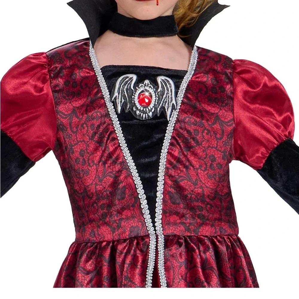 Girls Gothic Vampire Costume Dress Red Black Lace Halloween Size 10-12 Cosplay